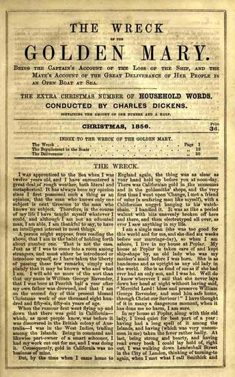 The Wreck of the Golden Mary - Being the Captain's Account of the Loss of the Ship and the Mate's Account of the Great Deliverance of Her People in an Open Boat at Sea The Extra Christmas Number of Household Words Christmas 1856 - cover